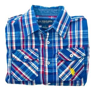 U.S. POLO ASSN. Kids Plaid Long Sleeve Button Down Red White Blue Size: Boys 7